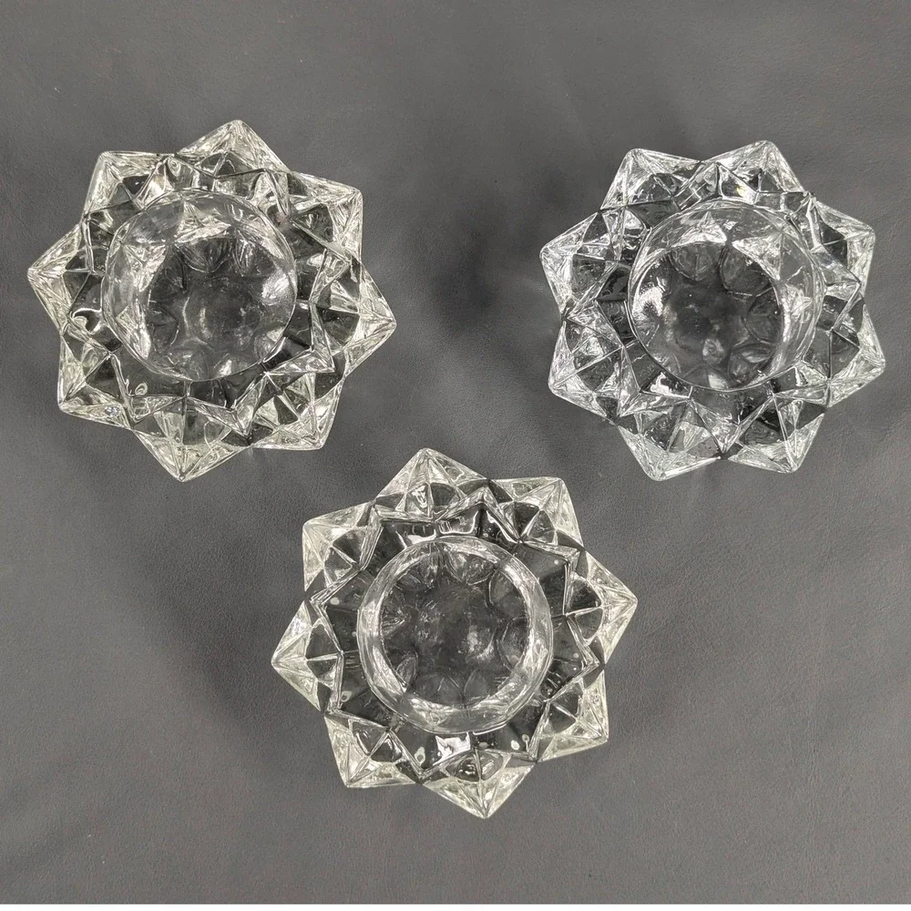 Vintage Clear Pressed Glass Starburst Faceted Votive Candle Holders Set of 3